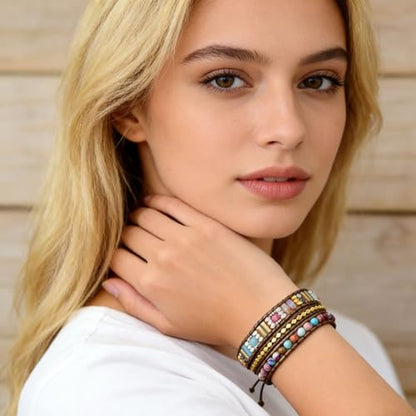 Boho Wrap Bead Bracelet for Women - Handmade Adjustable Natural Stone Beaded Bracelets Yoga Healing Bracelet Bangle Hippie Jewelry - color: Mixed beads