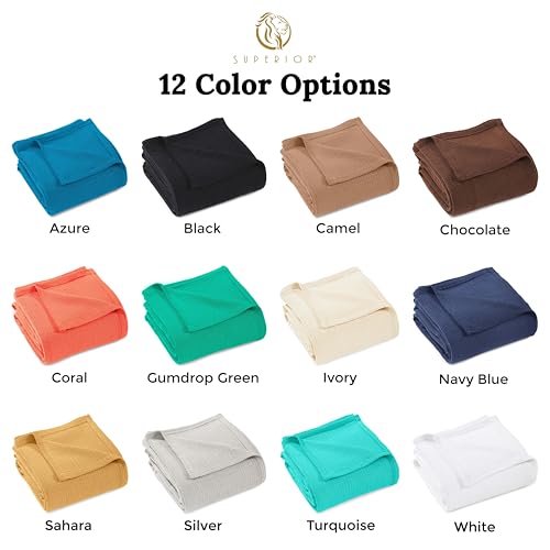 Superior Waffle Weave Cotton Blanket, for Picnic, Beach, Traveling or Camping, Comfy Blanket, Bedroom Decor, Essentials, Cover for Bed, Couch, Lounging, Honeycomb Knit, Throw, Azure