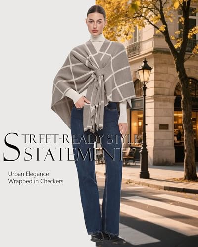 PULI Women's Elegant Shawl Wraps Soft Open Front Poncho Sweater for Spring Fall Winter - color: Classic Check-oatmeal and Barley Twist