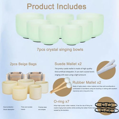 Hye-eun 432hz Crystal Singing Bowl Set of 7 Mint Green Frosted Quartz Chakra Sound Bowl with 2 Pcs Carry Case Bag for Cleansing Stress Relief- Spiritual Mindfulness - color: 7-12 Inch 432hz Mint green 7pcs