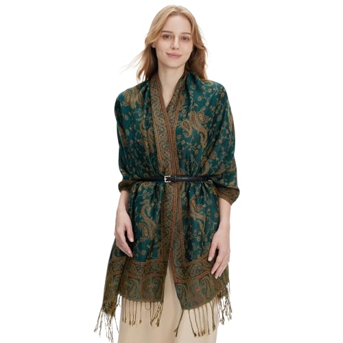 zero season Boho Paisley Pashmina Shawl Wrap Lightweight Scarf for Women, Silky Feel Bohemian Wrap for Travel & Daily Wear - color: Emerald Green