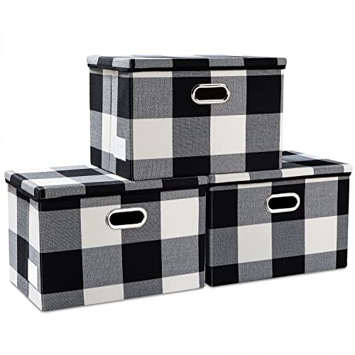 PRANDOM Large Collapsible Storage Bins with Lids [3-Pack] Fabric Foldable Storage Boxes Organizer Containers Baskets Cube with Cover for Home Bedroom Closet Office Black and White (17.7x11.8x11.8) - color: Black and White Grid, size: L(3-Pack)