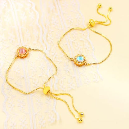 | Gold Brass Bracelet | Glass Floral Engraved Adjustable Chain | Elegant Positive Energy Charm | Everyday Wear Friendship Accessory - color: Pink
