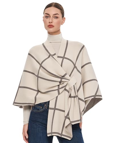PULI Women's Elegant Shawl Wraps Soft Open Front Poncho Sweater for Spring Fall Winter - color: Classic Check-cream and Oatmeal