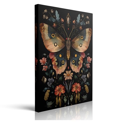 Framed Vintage Dark Gothic Butterfly Floral Botanical Bathroom Canvas Wall Art, Retro Plant Flower Animal Print for Living Room Home Decor Ready to Hang (12"x16") - color: Butterfly, size: 16L" x 12W"
