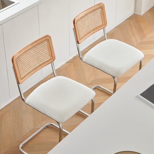 Natural Rattan Counter Height Stools Set of 2 with Solid Wood Back, 24 Inch Mid Century Modern Cesca Bar Stools, White Upholstery Boho Stool for Kitchen Counter with Chrome Metal Legs - color: White, size: 2PCS-24'' Counter Height Stool