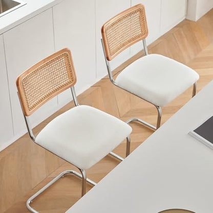 Natural Rattan Counter Height Stools Set of 2 with Solid Wood Back, 24 Inch Mid Century Modern Cesca Bar Stools, White Upholstery Boho Stool for Kitchen Counter with Chrome Metal Legs - color: White, size: 2PCS-24'' Counter Height Stool
