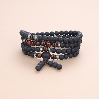 COAI Tibetan 108 Mala Beads Red Tiger Eye Matte Onyx Stone Wrap Bracelet Necklace