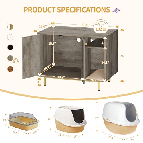 Hzuaneri Cat Litter Box Enclosure Enclosed, Hidden Litter Box Cabinet Furniture with Storage, Wooden Indoor Cat House Large, Modern End Table for Living Room Entryway, Greige and Gold CB01505G - color: Greige and Gold