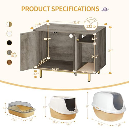 Hzuaneri Cat Litter Box Enclosure Enclosed, Hidden Litter Box Cabinet Furniture with Storage, Wooden Indoor Cat House Large, Modern End Table for Living Room Entryway, Greige and Gold CB01505G - color: Greige and Gold