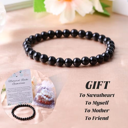 Handmade Stretch Elastic Bracelet Natural Stone Crystal Healing Power Energy Gifts for Reiki Nature's Beauty and Spiritual Essence Unisex 6mm - color: Black Agate