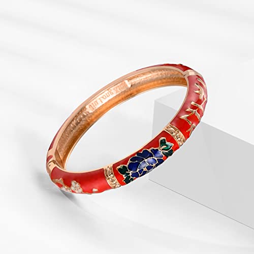 UJOY Classic Cloisonne Bracelets Enamel Jewelry Plated Bamboo Flower Cuff Metal Bangle for Women Gift Box - color: A127-Flower-Red
