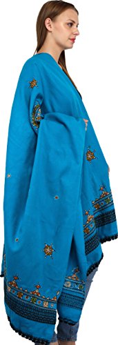 Exotic India Women's Pure Wool Shawl from Kutch with Central Embroidered Chakra and Mirrors Ethnic Design Stole, Scarves - color: Blue Jewel