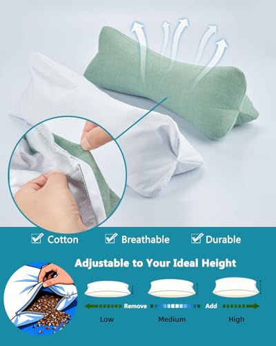 Buckwheat Neck Support Pillow - Cervical Roll Pillows for Sleeping, 15.7"x5.9" Adjustable Pain Relief Pillow with Buckwheat Hulls, Green - color: Petal-green
