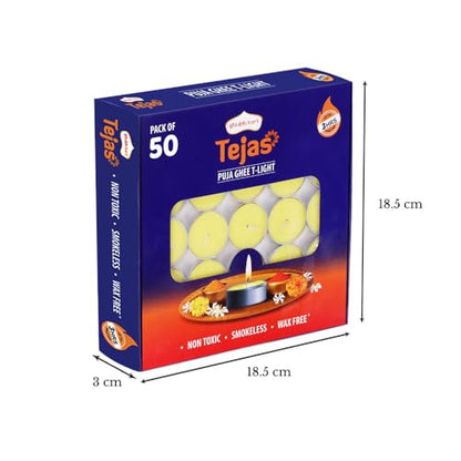 Shubhkart Tejas Premium Ghee T-Light Candle Set of 50 Wax-Free Smokeless Tealights for Prayer Rooms, Meditation, Home, Festive Events, Weddings & Gifting with Bright Long-Lasting 3-Hour Pure Flame