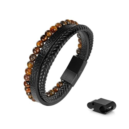 Leather Bead Bracelets for Men, Natural Tiger Eye Lava Rock Stone Bead Magnetic Clasp Adjustable Leather Bracelets Stress Relief Mens Anxiety Bracelet Mens Jewelry Gifts - style: Black Leather-Tiger Eye Bead