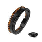 FOCOOG Leather Bead Bracelets for Men, Natural Tiger Eye Lava Rock Stone Bead Magnetic Clasp Adjustable Leather Bracelets Stress Relief Mens Anxiety Bracelet Mens Jewelry Gifts - style: Black Leather-Tiger Eye Bead