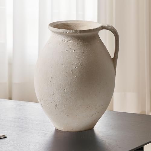 LB2 White Ceramic Large Vase, 11.2" Tall Zen Style Vase, Terra Cotta Pitcher, Distressed Farmhouse Decor, Pottery Decorative Flower for Home Decor (D - White 11.2") - color: D - White 11.2"