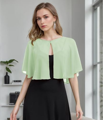 TONGFANTFL Women's Soft Chiffon Capelets Shawls and Wraps for Evening Wedding Cape Bole Cover Up - color: Sage Green