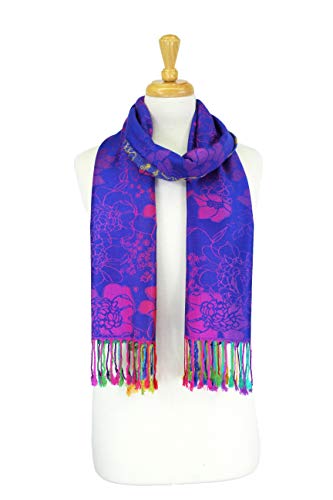 PASKMLNA Double Side Multi Colors Silky Tropical Colorful Exotic Pashmina Wrap Shawl Scarf Rave - color: 051-royal Blue Multi Feathers