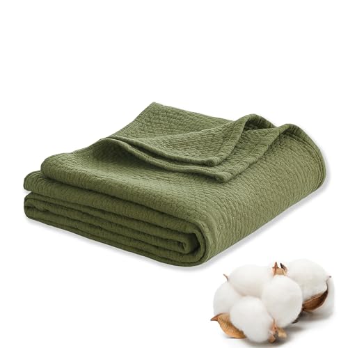 Premium 100% Cotton Blanket – All-Season Soft Breathable Bed Blanket for Queen Size – Lightweight Stylish Textured Throw for Bed– Giftable Cozy Bedding - color: Green, size: Queen(80" x 90")