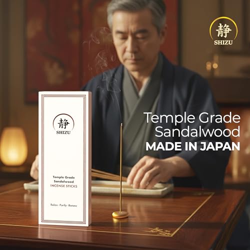Shizu Sandalwood Incense Sticks – Artisanal Temple Grade Japanese Incense with Brass Holder – Calming Scent for Relaxation, Meditation & Home Spa, Elegant Gift Set (60 Sticks)