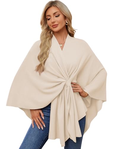 PULI Women's Elegant Shawl Wraps Soft Open Front Poncho Sweater for Spring Fall Winter - color: Front Tab-beige