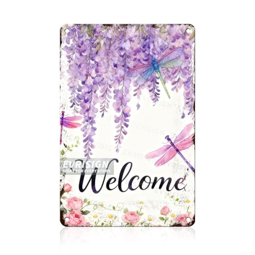 Dragonfly Hello Spring Floral Metal Tin Sign Happy Spring Garden Decor For Spring Decor Lovers Colorful Flowers Home Yard Patio Outdoor Wall Art Sign 8x12inch - color: Welcome, size: 20X30cm(8x12inch)