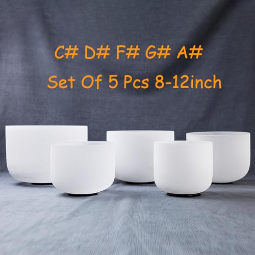 Hye-eun Crystal Singing Bowl Set, 432hz High Pitch C# D# F# G# A# 8-12 Inch 5Pcs Frosted Quartz Sound Bowls for Yoga Meditation Sound Healing with Heavy Duty Carrying Case
