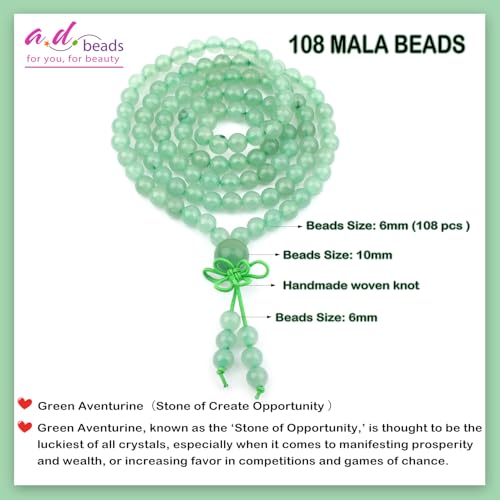 AD Beads 6mm 8mm 108 Prayer Mala Jasper Elastic Bracelet - Handmade Yoga Meditation Healing Power Energy Gifts for Unisex Adult. - color: Green Aventurine(Opportunity)