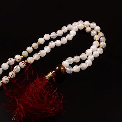 Meditation Blue Fire Moonstone 108 Mala Necklace|Natural AAA Moonstone Mala|108 Prayer Beaded Mala Necklace| Hand Knotted Mala Bracelet | Japa Mala| 8mm Round Beads|, ys/m, Gemstone, Moonstone, White