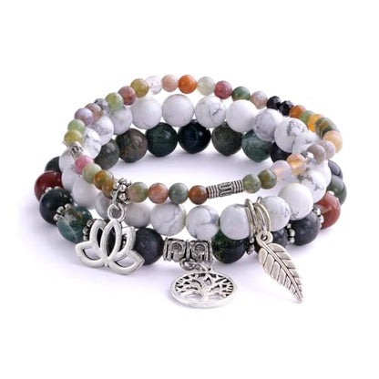 Tree of Life Yoga Healing Stone Bracelets,Multilayer Lotus Chakra Stone Reiki Bracelet Sets,Anxiety Crystal Natural Stone,for Women Stress Relief - style: Indian agate + white turquoise
