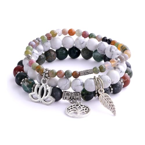 Tree of Life Yoga Healing Stone Bracelets,Multilayer Lotus Chakra Stone Reiki Bracelet Sets,Anxiety Crystal Natural Stone,for Women Stress Relief - style: Indian agate + white turquoise