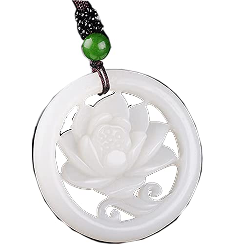 Meditation Necklace, White Jade Pendant Hollow Flower Necklace Jewellery Luck Amulet