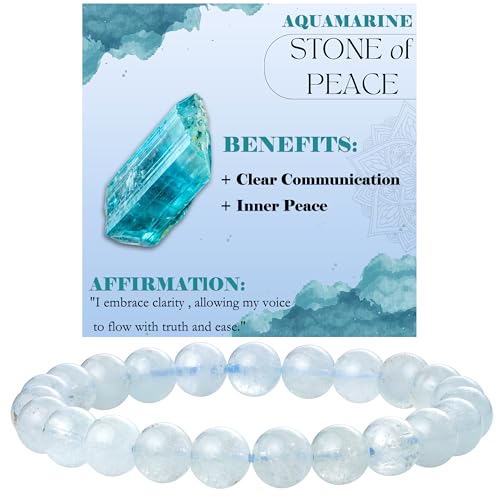 Bivei 8mm Beaded Bracelets for Women Handmade Semi Precious Natural Stone Stretch Elastic Jewelry Yoga Protection Gifts - color: Aquamarine - Calmness, size: Small 6.5-6.7 inch