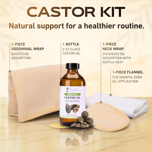 Dalileo Organic Castor Oil Pack Wrap Kit – 8oz Cold Pressed Oil with Abdominal & Neck Wraps + Flannel – Supports Relaxation, Comfort, Better Sleep & Everyday Self-Care – Reusable Organic Cotton Design