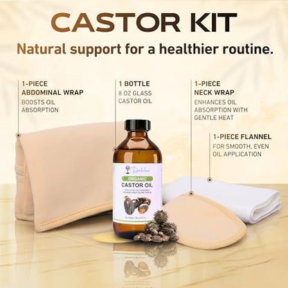 Dalileo Organic Castor Oil Pack Wrap Kit – 8oz Cold Pressed Oil with Abdominal & Neck Wraps + Flannel – Supports Relaxation, Comfort, Better Sleep & Everyday Self-Care – Reusable Organic Cotton Design