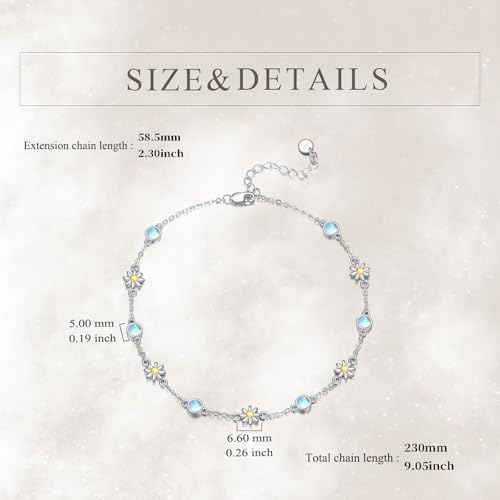 CRMAD 925 Sterling Silver Daisy/Sunflower Moonstone Anklet Daisy Flower Ankle Bracelet for Women Beach Dainty Jewelry - size: 7+2 inch, style: daisy
