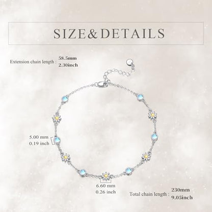 CRMAD 925 Sterling Silver Daisy/Sunflower Moonstone Anklet Daisy Flower Ankle Bracelet for Women Beach Dainty Jewelry - size: 7+2 inch, style: daisy