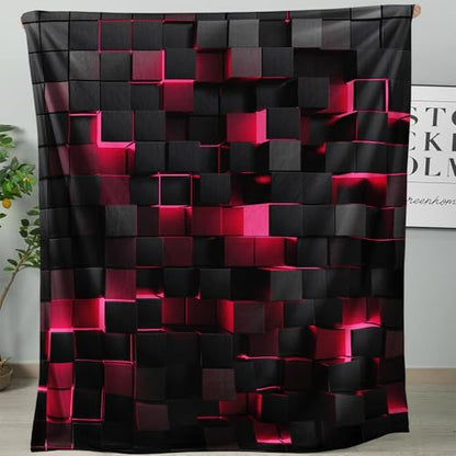 Lightweight Fleece Blanket,Super Soft Cozy Fluffy Plush Geometric Pink Black Abstract Ombre Print Throw Blanket for Couch, Sofa, Bed 47"x59"