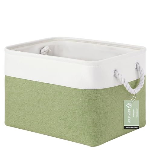 Large Storage Baskets- 15x11x10 inch Storage Bins for Shelves and Closet Organizing, Foldable Fabric Bin for Home Organization Clothes and Laundry (1-Pack, White&Green)