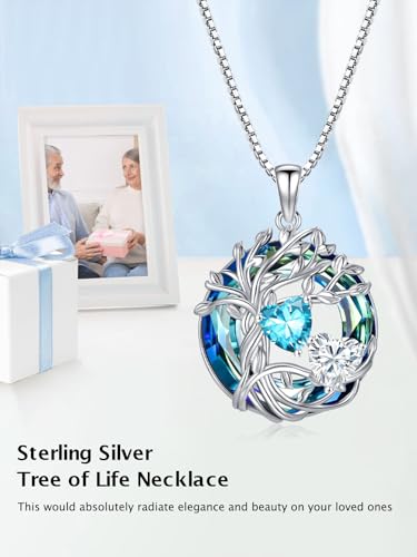 TOUPOP s925 Sterling Silver Family Celtic Tree of Life Pendant Necklaces with 2 Heart Birthstone with Blue Austrian Crystal Jewelry Birthday Valentines Day Gifts for Her, Anniversary Christmas Gifts for Wife Girlfriend Mom (18K Real White Gold Filled) - c
