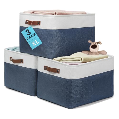 OrganiHaus 16x12.5in Canvas Storage Baskets 3 Pack | EXTRA LARGE Fabric Bins for Shelves | Linen Closet Organizer | Navy Blue/Off-White - color: Navy Blue / Off-White, size: Extra Large - 3pc
