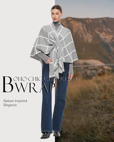 PULI Women's Elegant Shawl Wraps Soft Open Front Poncho Sweater for Spring Fall Winter - color: Classic Check-light Heather Gray and Ivory White