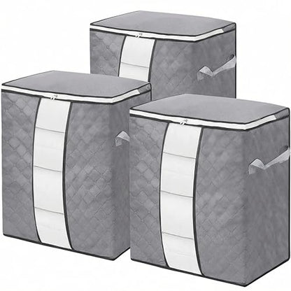 3-Pack Heavy-Duty Storage Bags with Zipper | Waterproof Moving & Travel Storage Organizers | Foldable Reinforced Handles for Clothes, Bedding,Blankets | Space-Saving,Vertical Style,Grey