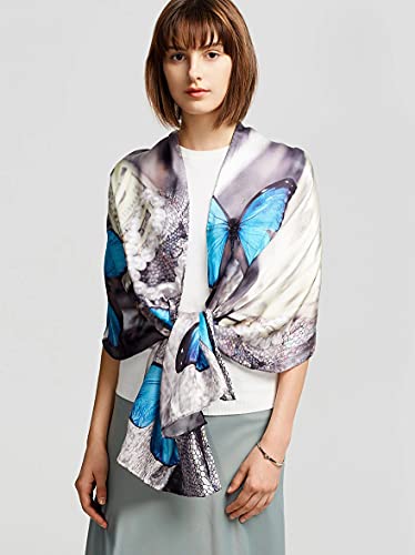 100% Mulberry Silk Long Scarf for Women Large Shawls for Headscarf and Neck- Oblong Hair Wraps with Gift Packed - color: Blue Butterflies