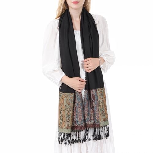 MUQU Women Pashmina Shawls and Wraps Scarf Soft Silky Reversible Paisley Scarves Shawl for Women - color: Black-b
