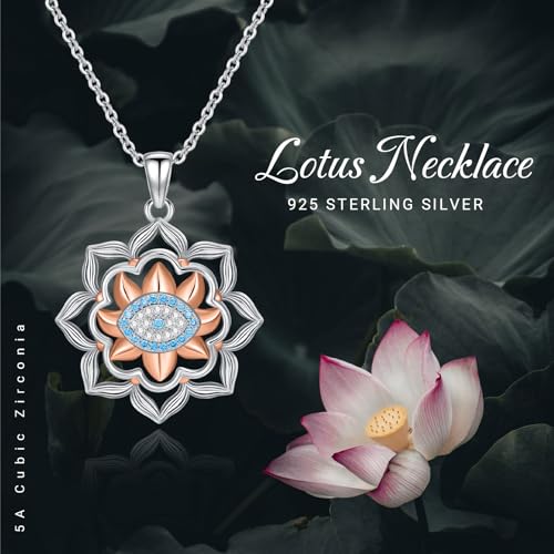 Evil Eye Necklace for Women 925 Sterling Silver, Protection Necklace with Blue Evil Eye Charm, Evil Eye/Lotus Pendant Jewelry, Birthday Christmas Gifts for Her - style: Lotus Evil Eye 02