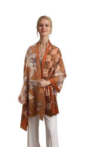 Cashmere-soft Mercerized wool Shawl Pashmina Lightweight Travel Wrap & Evening Scarf |Office |Wedding - color: Iris Checkered Orange-red