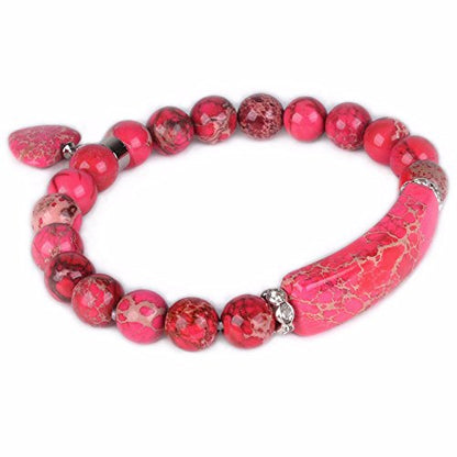 Justinstones Gem Semi Precious Gemstone Love Heart Charm Stretch Beaded Bracelet Unisex - color: Dyed Red Sea Sediment Jasper